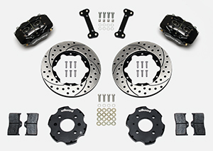 Wilwood Forged Dynalite Big Brake Front Brake Kit (Hat) Parts Laid Out - Black Powder Coat Caliper - SRP Drilled & Slotted Rotor