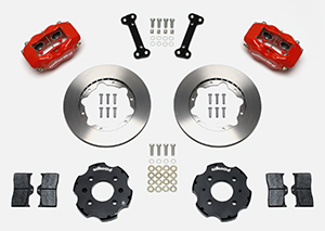 Wilwood Forged Dynalite Big Brake Front Brake Kit (Hat) Parts Laid Out - Red Powder Coat Caliper - Plain Face Rotor