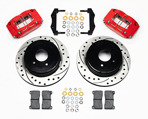 Wilwood Dynapro Radial Rear Brake Kit For OE Parking Brake Parts Laid Out - Red Powder Coat Caliper - SRP Drilled & Slotted Rotor