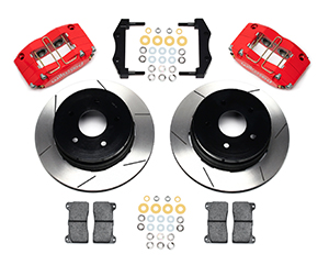 Wilwood Dynapro Radial Rear Brake Kit For OE Parking Brake Parts Laid Out - Red Powder Coat Caliper - GT Slotted Rotor