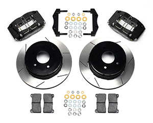 Wilwood Dynapro Radial Rear Brake Kit For OE Parking Brake Parts Laid Out - Black Powder Coat Caliper - GT Slotted Rotor