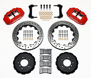 Wilwood Forged Narrow Superlite 6R Big Brake Front Brake Kit (Hat) Parts Laid Out - Red Powder Coat Caliper - SRP Drilled & Slotted Rotor