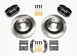 Wilwood Dynapro Rear Brake Kit For OE Parking Brake Parts Laid Out - Black Powder Coat Caliper - GT Slotted Rotor