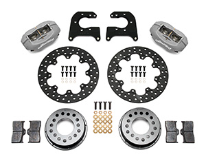 Wilwood Forged Dynalite Rear Drag Brake Kit Parts Laid Out - Type III Anodize Caliper - Drilled Rotor