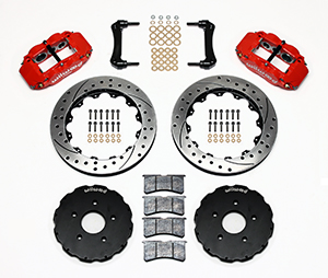 Wilwood Forged Narrow Superlite 6R Big Brake Front Brake Kit (Hat) Parts Laid Out - Red Powder Coat Caliper - SRP Drilled & Slotted Rotor