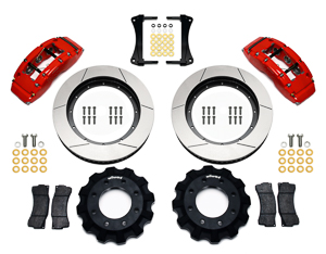 Wilwood TC6R Big Brake Truck Front Brake Kit Parts Laid Out - Red Powder Coat Caliper - GT Slotted Rotor