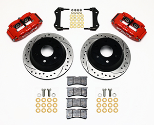 Wilwood Superlite 4R Big Brake Rear Brake Kit For OE Parking Brake Parts Laid Out - Red Powder Coat Caliper - SRP Drilled & Slotted Rotor