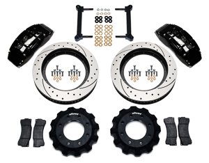 Wilwood TC6R Big Brake Truck Front Brake Kit Parts Laid Out - Black Powder Coat Caliper - SRP Drilled & Slotted Rotor