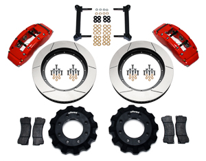 Wilwood TC6R Big Brake Truck Front Brake Kit Parts Laid Out - Red Powder Coat Caliper - GT Slotted Rotor