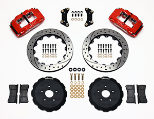 Wilwood Forged Superlite 4 Big Brake Front Brake Kit (Hat) Parts Laid Out - Red Powder Coat Caliper - SRP Drilled & Slotted Rotor