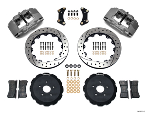 Wilwood Forged Superlite 4 Big Brake Front Brake Kit (Hat) Parts Laid Out - Type III Anodize Caliper - SRP Drilled & Slotted Rotor