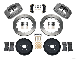 Wilwood Forged Superlite 4 Big Brake Front Brake Kit (Hat) Parts Laid Out - Type III Anodize Caliper - GT Slotted Rotor