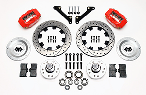 Wilwood Forged Dynalite Big Brake Front Brake Kit (Hub) Parts Laid Out - Red Powder Coat Caliper - SRP Drilled & Slotted Rotor