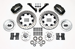 Wilwood Forged Dynalite Big Brake Front Brake Kit (Hub) Parts Laid Out - Black Powder Coat Caliper - SRP Drilled & Slotted Rotor