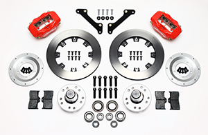 Wilwood Forged Dynalite Big Brake Front Brake Kit (Hub) Parts Laid Out - Red Powder Coat Caliper - Plain Face Rotor