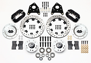 Wilwood Forged Dynalite Pro Series Front Brake Kit Parts Laid Out - Type III Anodize Caliper - SRP Drilled & Slotted Rotor