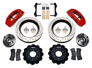 Wilwood TC6R Big Brake Truck Front Brake Kit Parts Laid Out - Red Powder Coat Caliper - SRP Drilled & Slotted Rotor