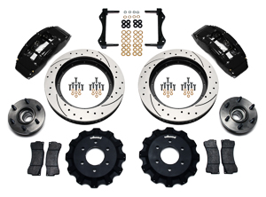 Wilwood TC6R Big Brake Truck Front Brake Kit Parts Laid Out - Black Powder Coat Caliper - SRP Drilled & Slotted Rotor