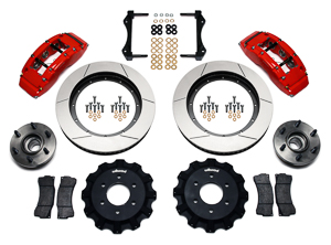 Wilwood TC6R Big Brake Truck Front Brake Kit Parts Laid Out - Red Powder Coat Caliper - GT Slotted Rotor