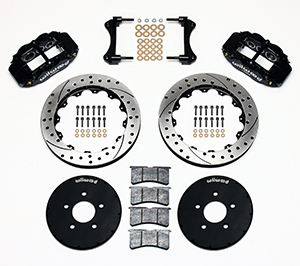 Wilwood Forged Narrow Superlite 6R Big Brake Front Brake Kit (Hat) Parts Laid Out - Black Powder Coat Caliper - SRP Drilled & Slotted Rotor