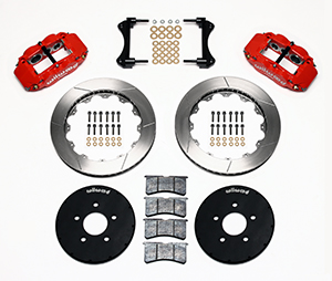 Wilwood Forged Narrow Superlite 6R Big Brake Front Brake Kit (Hat) Parts Laid Out - Red Powder Coat Caliper