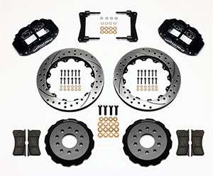 Wilwood Forged Narrow Superlite 6R Big Brake Front Brake Kit (Hat) Parts Laid Out - Black Powder Coat Caliper - SRP Drilled & Slotted Rotor