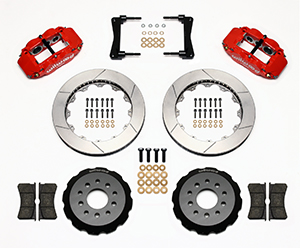 Wilwood Forged Narrow Superlite 6R Big Brake Front Brake Kit (Hat) Parts Laid Out - Red Powder Coat Caliper - GT Slotted Rotor