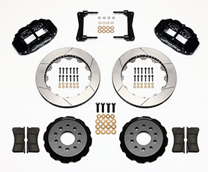 Wilwood Forged Narrow Superlite 6R Big Brake Front Brake Kit (Hat) Parts Laid Out - Black Powder Coat Caliper - GT Slotted Rotor