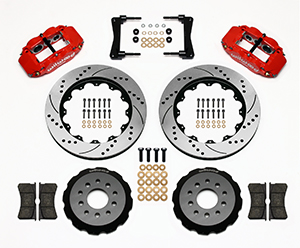 Wilwood Forged Narrow Superlite 6R Big Brake Front Brake Kit (Hat) Parts Laid Out - Red Powder Coat Caliper - SRP Drilled & Slotted Rotor