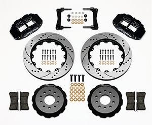 Wilwood Forged Narrow Superlite 6R Big Brake Front Brake Kit (Hat) Parts Laid Out - Black Powder Coat Caliper - SRP Drilled & Slotted Rotor