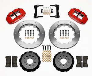 Wilwood Forged Narrow Superlite 6R Big Brake Front Brake Kit (Hat) Parts Laid Out - Red Powder Coat Caliper - GT Slotted Rotor