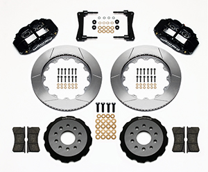 Wilwood Forged Narrow Superlite 6R Big Brake Front Brake Kit (Hat) Parts Laid Out - Black Powder Coat Caliper - GT Slotted Rotor