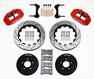 Wilwood Forged Narrow Superlite 6R Big Brake Front Brake Kit (Hat) Parts Laid Out - Red Powder Coat Caliper - SRP Drilled & Slotted Rotor