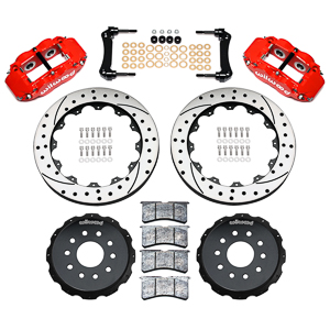 Wilwood Forged Narrow Superlite 4R Big Brake Rear Brake Kit For OE Parking Brake Parts Laid Out - Red Powder Coat Caliper - SRP Drilled & Slotted Rotor