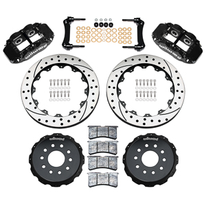 Wilwood Forged Narrow Superlite 4R Big Brake Rear Brake Kit For OE Parking Brake Parts Laid Out - Black Powder Coat Caliper - SRP Drilled & Slotted Rotor