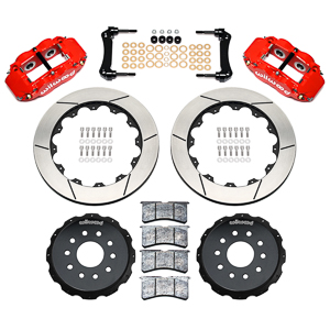 Wilwood Forged Narrow Superlite 4R Big Brake Rear Brake Kit For OE Parking Brake Parts Laid Out - Red Powder Coat Caliper - GT Slotted Rotor