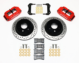 Wilwood Superlite 4R Big Brake Rear Brake Kit For OE Parking Brake Parts Laid Out - Red Powder Coat Caliper - SRP Drilled & Slotted Rotor