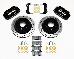 Wilwood Superlite 4R Big Brake Rear Brake Kit For OE Parking Brake Parts Laid Out - Black Powder Coat Caliper - SRP Drilled & Slotted Rotor