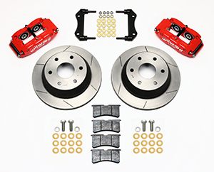 Wilwood Superlite 4R Big Brake Rear Brake Kit For OE Parking Brake Parts Laid Out - Red Powder Coat Caliper - GT Slotted Rotor