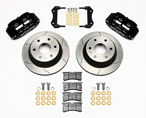 Wilwood Superlite 4R Big Brake Rear Brake Kit For OE Parking Brake Parts Laid Out - Black Powder Coat Caliper - GT Slotted Rotor