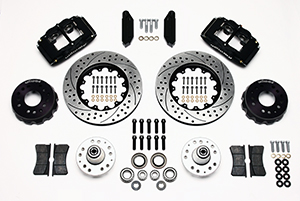 Wilwood Forged Superlite 4 Big Brake Front Brake Kit (Hub) Parts Laid Out - Type III Anodize Caliper - SRP Drilled & Slotted Rotor