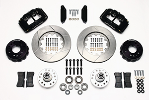 Wilwood Forged Superlite 4 Big Brake Front Brake Kit (Hub) Parts Laid Out - Type III Anodize Caliper - GT Slotted Rotor