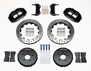 Wilwood Forged Narrow Superlite 6R Big Brake Front Brake Kit (Hat) Parts Laid Out - Black Powder Coat Caliper - SRP Drilled & Slotted Rotor