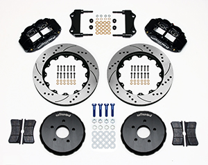 Wilwood Forged Narrow Superlite 6R Big Brake Front Brake Kit (Hat) Parts Laid Out - Black Powder Coat Caliper - SRP Drilled & Slotted Rotor