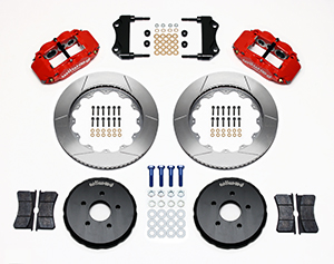 Wilwood Forged Narrow Superlite 6R Big Brake Front Brake Kit (Hat) Parts Laid Out - Red Powder Coat Caliper - GT Slotted Rotor