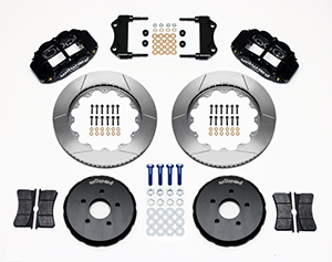 Wilwood Forged Narrow Superlite 6R Big Brake Front Brake Kit (Hat) Parts Laid Out - Black Powder Coat Caliper - GT Slotted Rotor