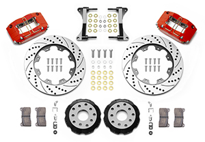 Wilwood Dynapro Radial Big Brake Front Brake Kit (Hat) Parts Laid Out - Red Powder Coat Caliper - SRP Drilled & Slotted Rotor