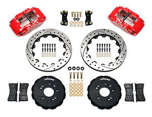 Wilwood Forged Superlite 4 Big Brake Front Brake Kit (Hat) Parts Laid Out - Red Powder Coat Caliper - SRP Drilled & Slotted Rotor