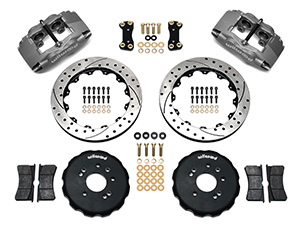 Wilwood Forged Superlite 4 Big Brake Front Brake Kit (Hat) Parts Laid Out - Type III Anodize Caliper - SRP Drilled & Slotted Rotor