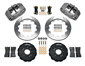 Wilwood Forged Superlite 4 Big Brake Front Brake Kit (Hat) Parts Laid Out - Type III Anodize Caliper - GT Slotted Rotor